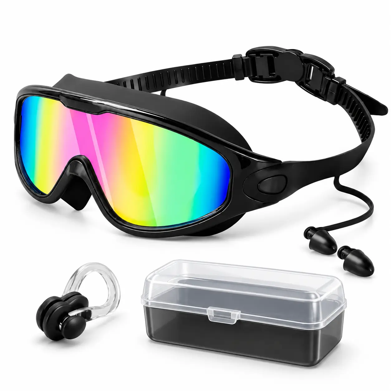 Unisex Wide View Polarized Pool Goggles for Adults, Adjustable Anti-Fog UV Protection Outdoor Swimming Goggles with Waterproof Seal, Ear Plugs, Nose Clip & Full Coverage to Prevent Raccoon Eyes