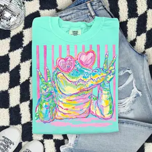 Preppy Crocodile Comfort Colors Shirt, Alligator Heart Sunglasses Tee, Girly Summer Animal Graphic T-Shirt
