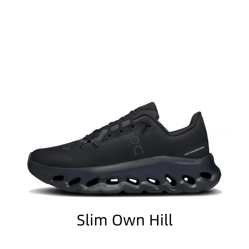 Fashion all-black indoor outdoor athletic sneakers with distinctive wave hollow shock-dampening outsole, water-repellent soft fabric material, durable shock-absorbing unisex trainers for multi-scene daily use