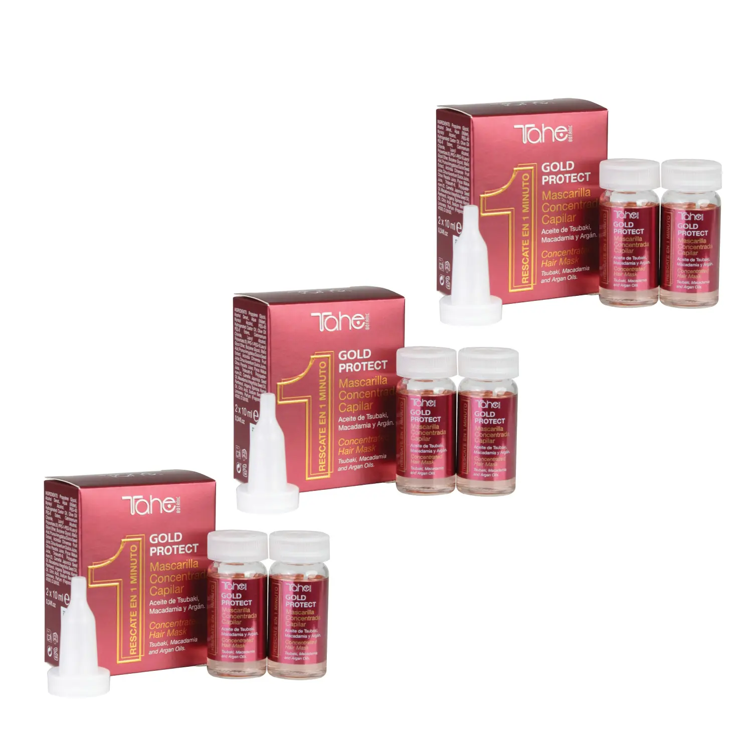 Tahe Gold Protect Concentrated Anti-Frizz Hair Mask with Natural Tsubaki, Macadamia, and Argan Oils, 2 x 10 ml. (Pack of 3)