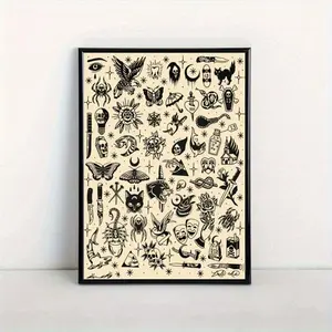 (No Frame) Black Tattoo Pattern Canvas Poster, Unframed Wall Art Print for Home, Dorm, Living Room Decor - Ideal Halloween Gift