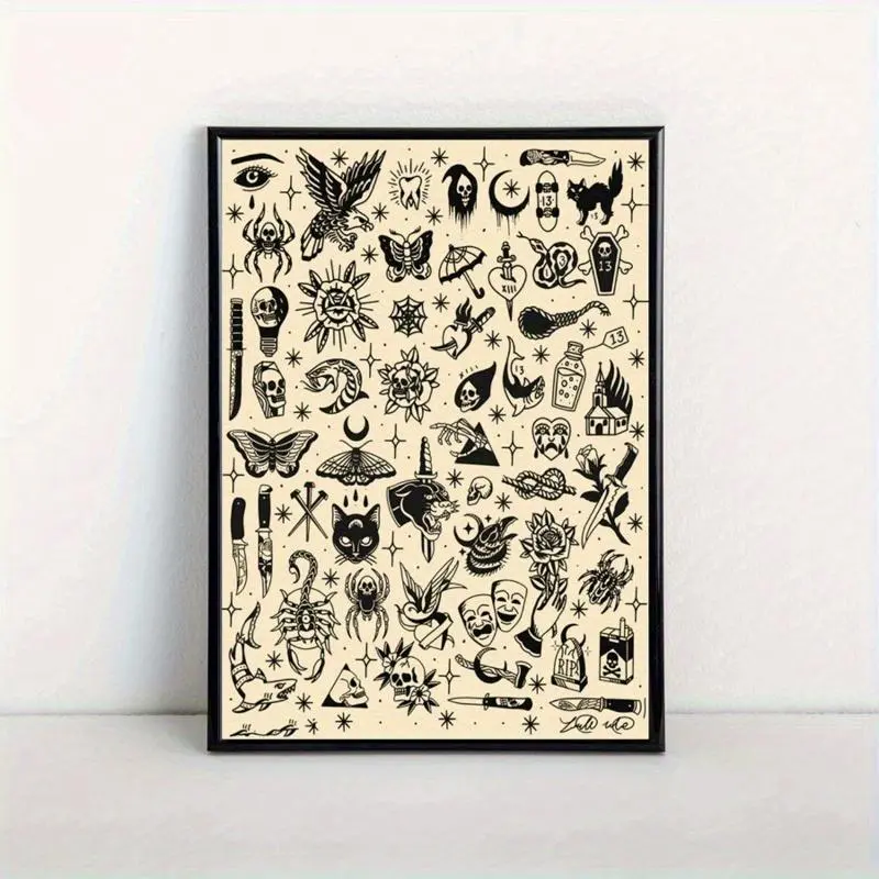 Black Tattoo Pattern  Poster, Unframed Wall Art Print For Home, Dorm, Living Room Decor Ideal Halloween Gift
