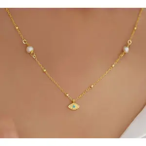 Minimalist Handmade Evil Eye Pearl Chain Necklace