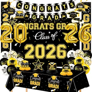 Complete Graduation Celebration Decor,Class of 2026 Black Theme Backdrop Balloons Banner Party Supplies