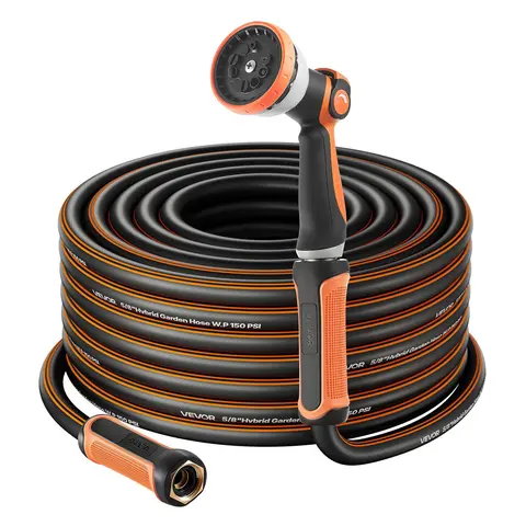 VEVOR 5/8" Heavy Duty Hybrid Rubber Water Hose (200ft), 10-Pattern Spray Nozzle, 150 PSI Rated, 600 PSI Burst, 360° Flexible Anti-Kink Design, 3/4" Fitting, Swivel Ends, Pre-Installed Leak-Proof Washers, 28 Lbs / 12.7 Kg Lightweight for Gardening