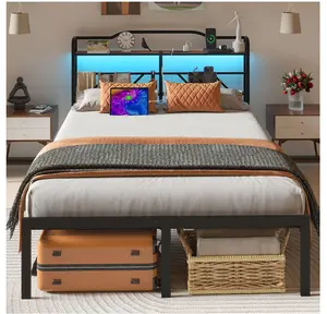King Size Bed Frame with LED Storage Headboard & Charging Station, Metal Platform Bed, Black