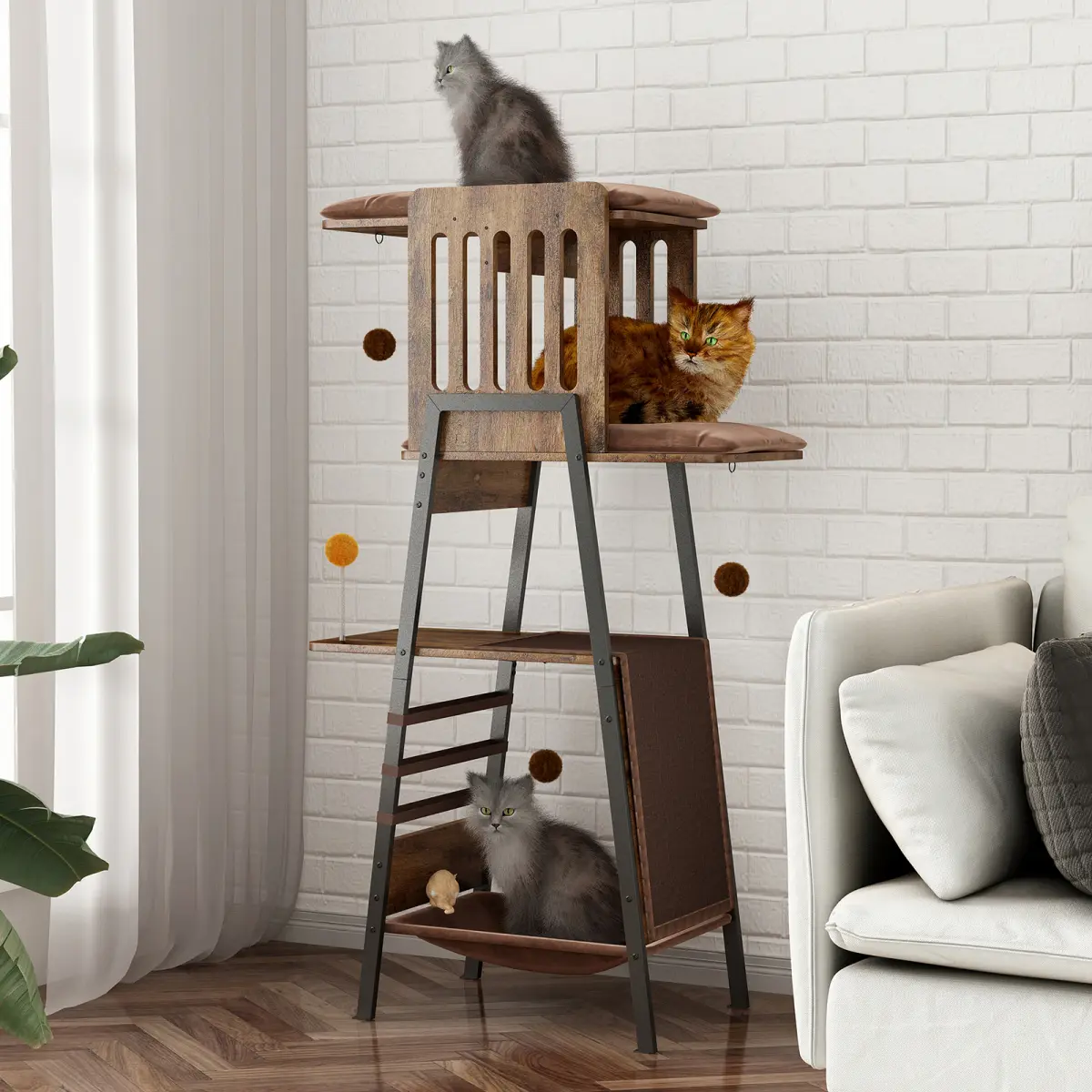 Modern Cat Tree, 58-Inch Cat Tower for Large Cats, Maine Coon Cat Tree with Scratching Board, Large Perch, Hammock and Removable Pads, Rustic Brown