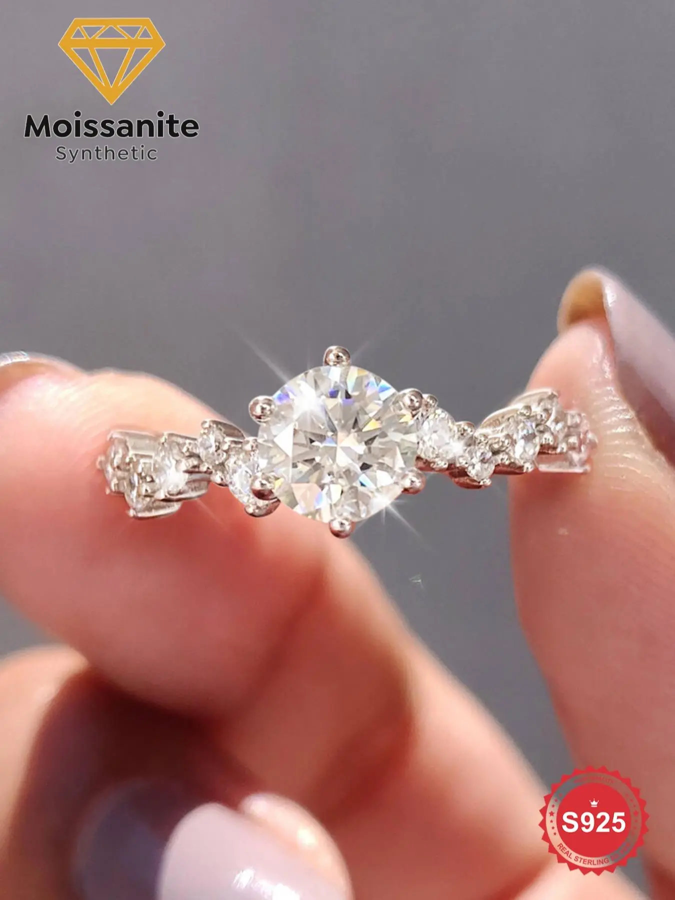 S925 Sterling Silver Synthetic Moissanite Ring, 1 Carat Snowflake Design Engagement Ring for Women, Fine Jewelry for Anniversary Gift