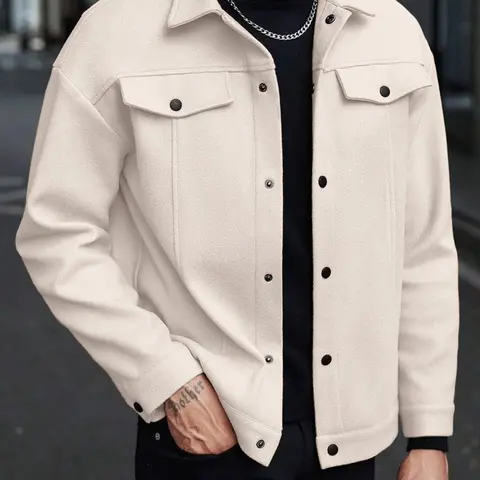 Men's Plain Color Flight Jacket for Autumn and Winter, Classic Stand-up Collar Design with Single-row Button Closure, American Vintage Coat, Casual Workwear Jacket, Casual Fashionable Jacket