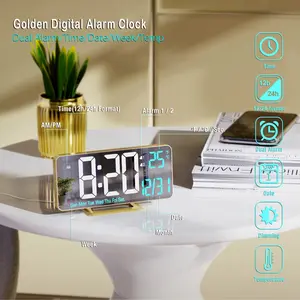 Komugi 6.7" Golden LED Desk Clock with Dual Alarm, Date & Temperature Display - Adjustable Brightness, USB-Powered, Buzzer Alarm, 12/24H Format, Sleek Rectangular Design for Living Room Decor, Clock for Living Room