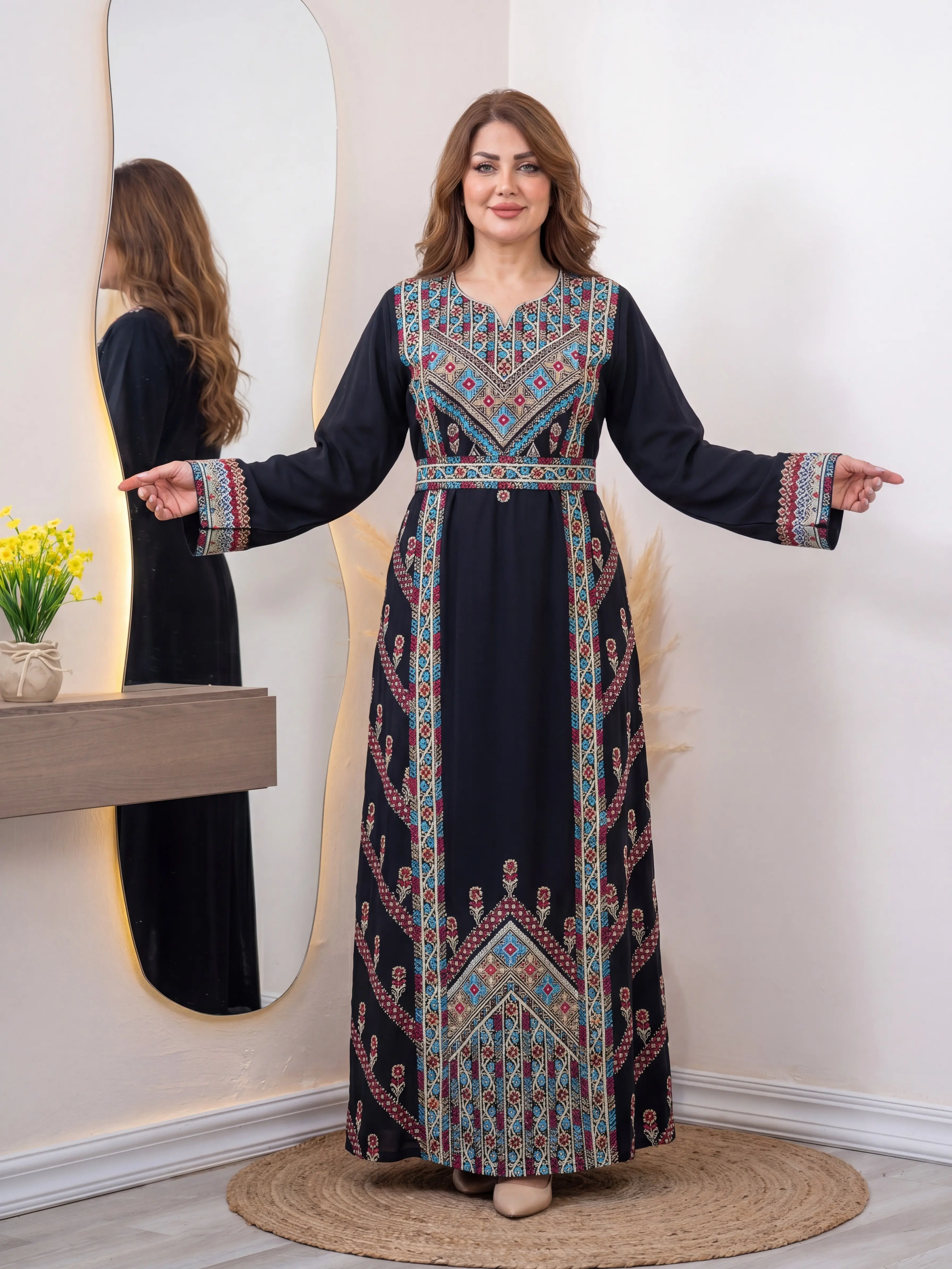 Lady's Traditional Thobe with Floral Embroidery, Elegant Long Sleeve Modest Fit Eid Dress for Ramadan & Casual Wear