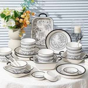 Floral Pattern Ceramic Tableware Set, Including Bowl, Plate, Cup, Saucer, Spoon, Fork, Knife, Tableware Set for Home Kitchen Dining Room