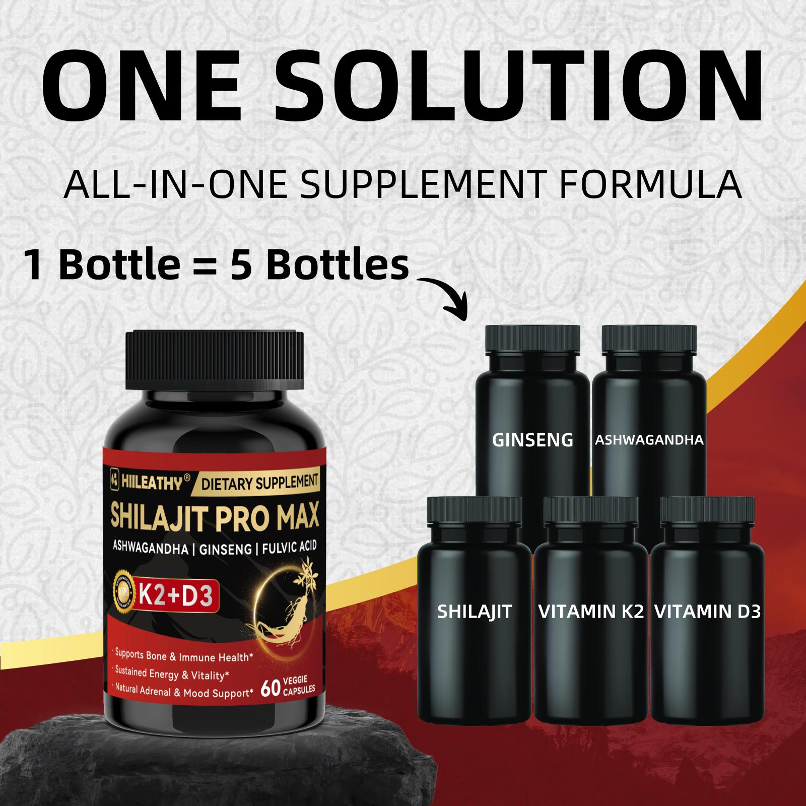 HIILEATHY Optimal Shilajit PRO MAX with K2 & D3 60 Capsules Made in USA with Essential Minerals for Healthy Aging and Immune System Support - Edible