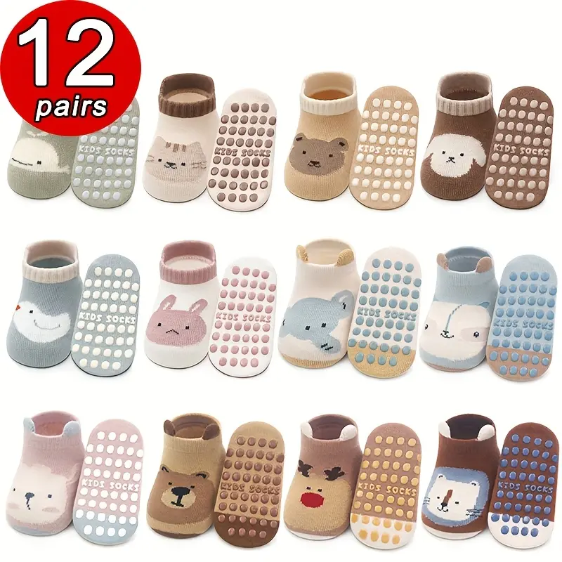 12 Pairs  Non-Slip Floor Socks for Boys & Girls - Cute Cartoon Animal Design, Enhances Grip & Stability for Little Ones |    Essentials