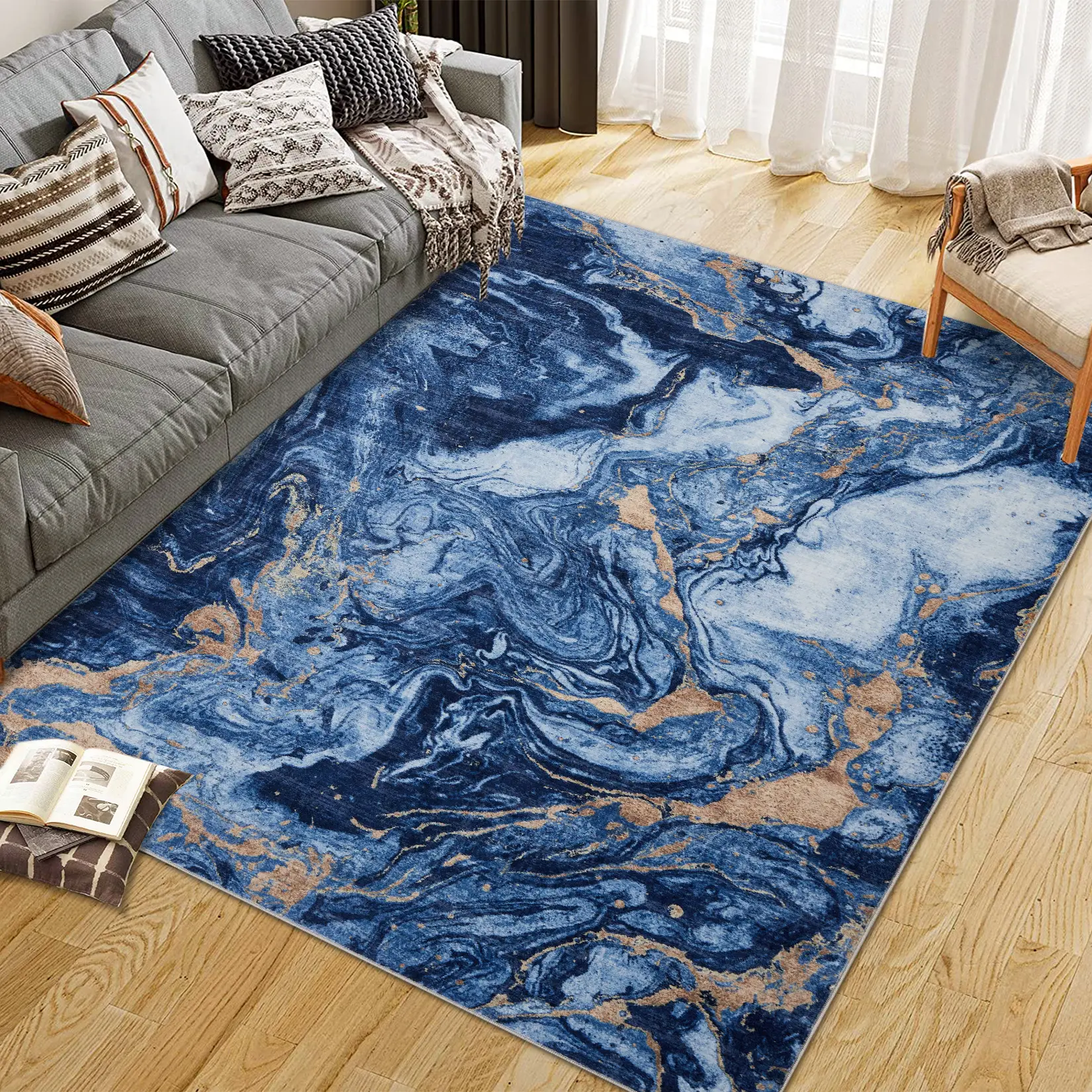 Machine Washable Foldable Abstract Dynamic Life Printed Home Decor Rug - Modern Indoor Area Floor Accent Piece, Blue, Indoor Area Rug