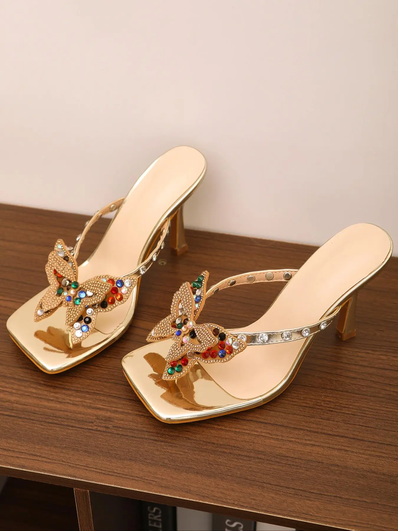 Women's Fashionable Rhinestone Decorated High Heel Sandals, Summer Sandals, Elegant Butterfly Design Square Toe Sandals for Party, Daily Clothing Deco