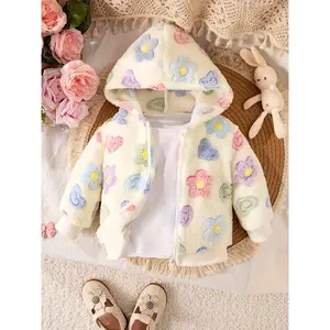 Girls' Winter Jacket with Fleece Lining Hooded Long Sleeve Zip-Up Plush Knit Fabric for Outdoor Play and Skiing Floral Design