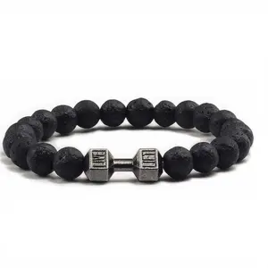 Mens Dumbbell Bracelet 8mm Natural Lava Rock Stone Beads - Aromatherapy Essential Oil Diffuser Stretch Bracelet for Men & Women - Weight Lifting Gym Fitness Jewelry Gift for Him