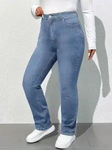 Plus Size Women's Washed Casual Fashion Straight Leg Denim Jeans Pants, High Waist Elastic Fabric, Fit, All Seasons Wear, Perfect for Dates