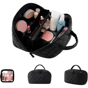 Women’s 180° Lay-Flat Travel Makeup Bag – 5 Compartments| Water Repellent & Machine Washable| Puffy Quilted Organizer