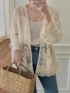 Women's Plain Lace Open Front Crochet Cardigan, Casual Long Sleeve Cover Up Top for Summer, Women's Knit Clothing for Daily Wear