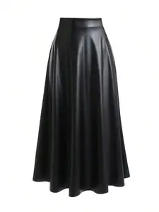 Women's solid color patent leather flare skirt, retro modern high-waisted half skirt, black leather style, fashionable women's trend suitable for parties and night outings.