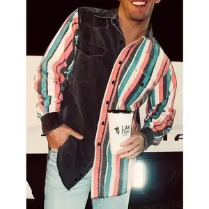 2025 Western Cowboy Men's Shirts Blouses Striped Casual Button Down Long Sleeve Shirt Tops With Pockets