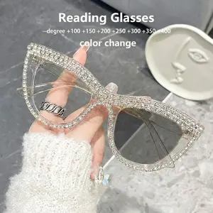 Fashionable Large Frame Rhinestone Cat Eye Reading Glasses, High-End PC Frame Anti-Blue Light Color Changing Eyeglasses
