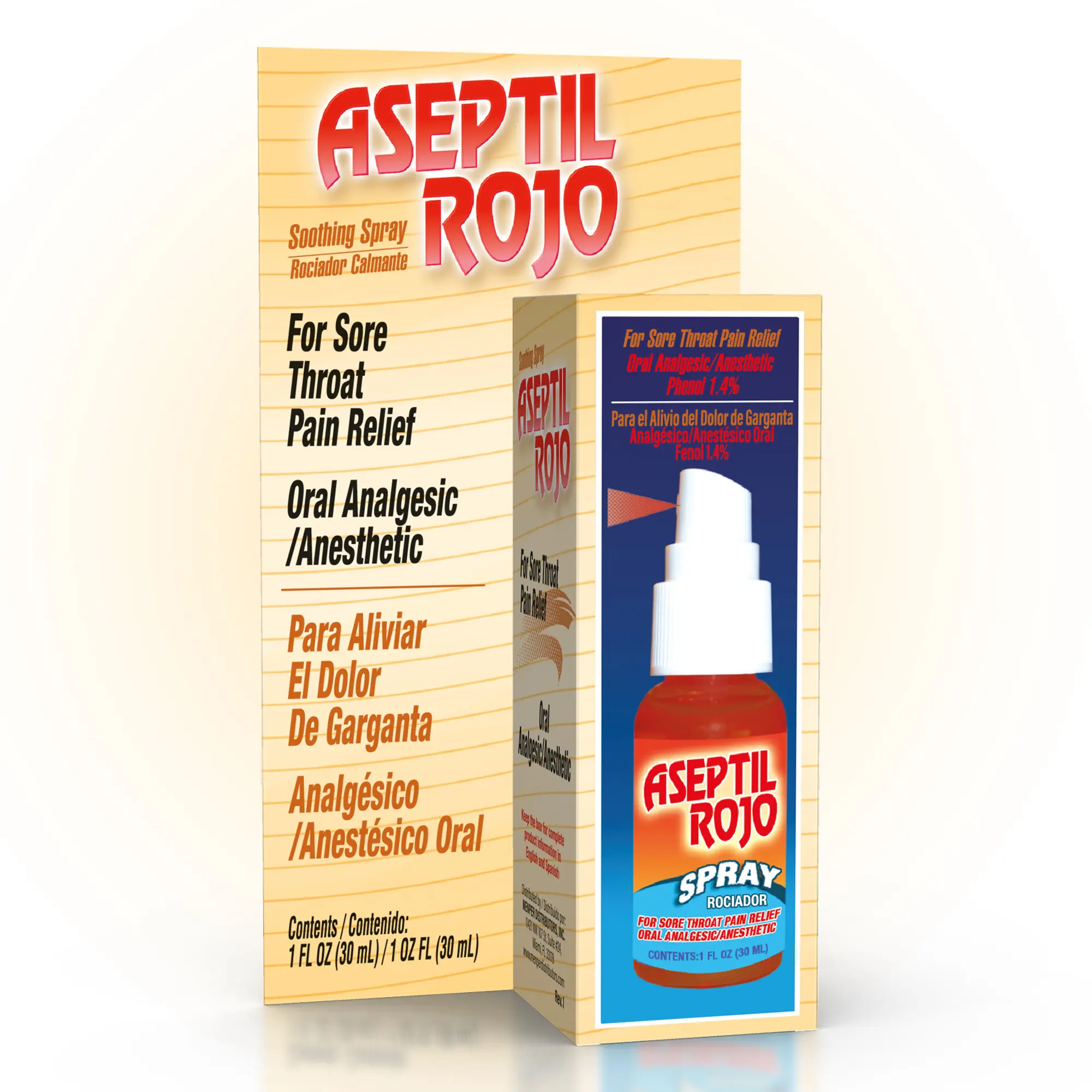 Aseptil Rojo Sore Throat Spray, 1 fl oz — Fast-Acting Oral Analgesic with Phenol for Temporary Relief of Sore Throat, Sore Mouth & Canker Sore Pain, Easy-Spray Applicator