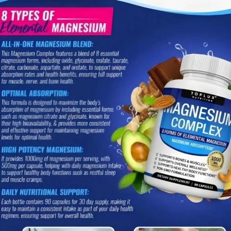 （Flash Sale 3 bottles） TopLux Nutrition Magnesium Complex 1000mg 90 Capsules 7 Elemental Sources Men Women Bone Muscle Sleep Immune Support Nature Decent Fitness Dietary Supplement Malate Taurate Chelated for