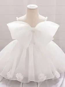 Toddler Girl's Bow Decor Cami Dress, Cute Square Neck Party Dress for Wedding Guest, Kids Clothes for All Seasons, Solid Colored Embroidered Tulle Dress, Appliques Sleeveless Dress