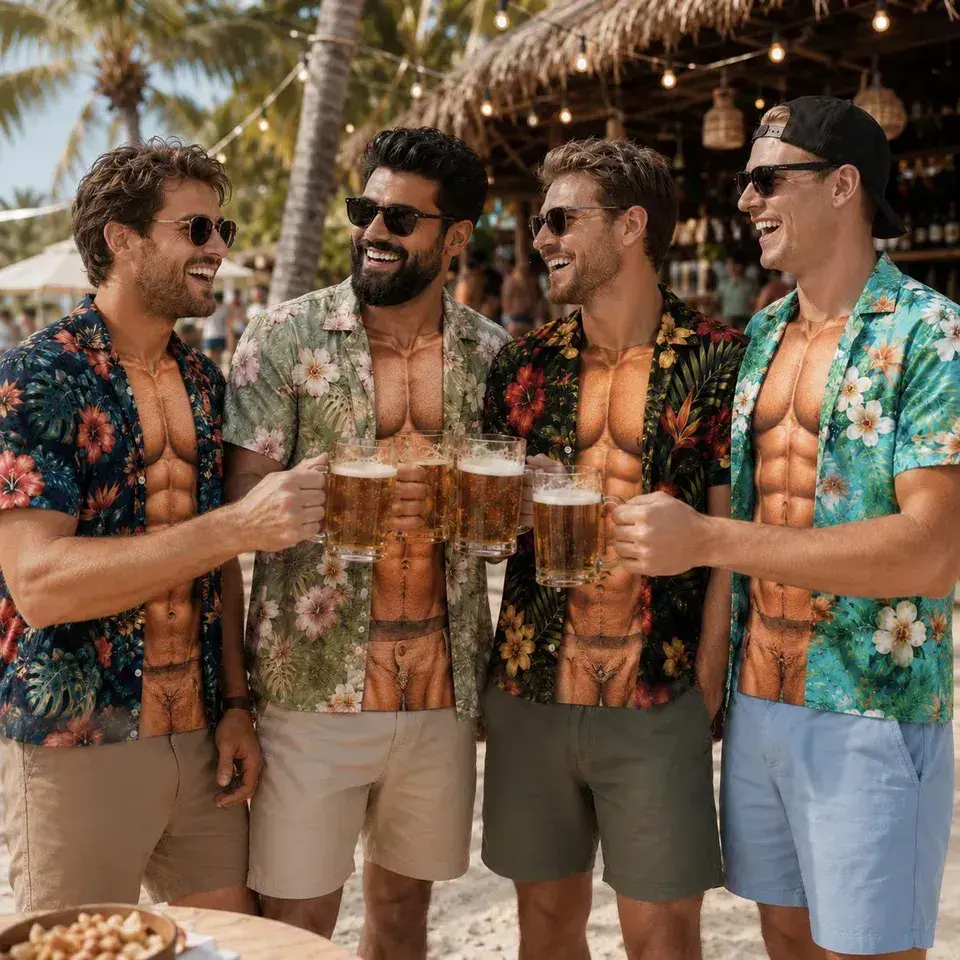 Funny Muscle Illusion T-Shirt for Men, Hawaiian Open Shirt Graphic Tee, 3D Beach Body Shirt, Summer Vacation Party Gift