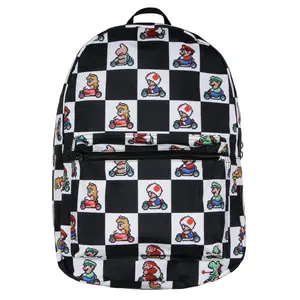 Super Nintendo Mario Kart 8-Bit Character Checkered Travel Laptop Backpack 17"