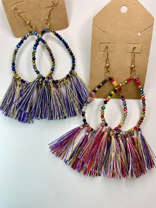 Multi Color Beaded Teardrop Earrings with Fringe - Blue or Pink