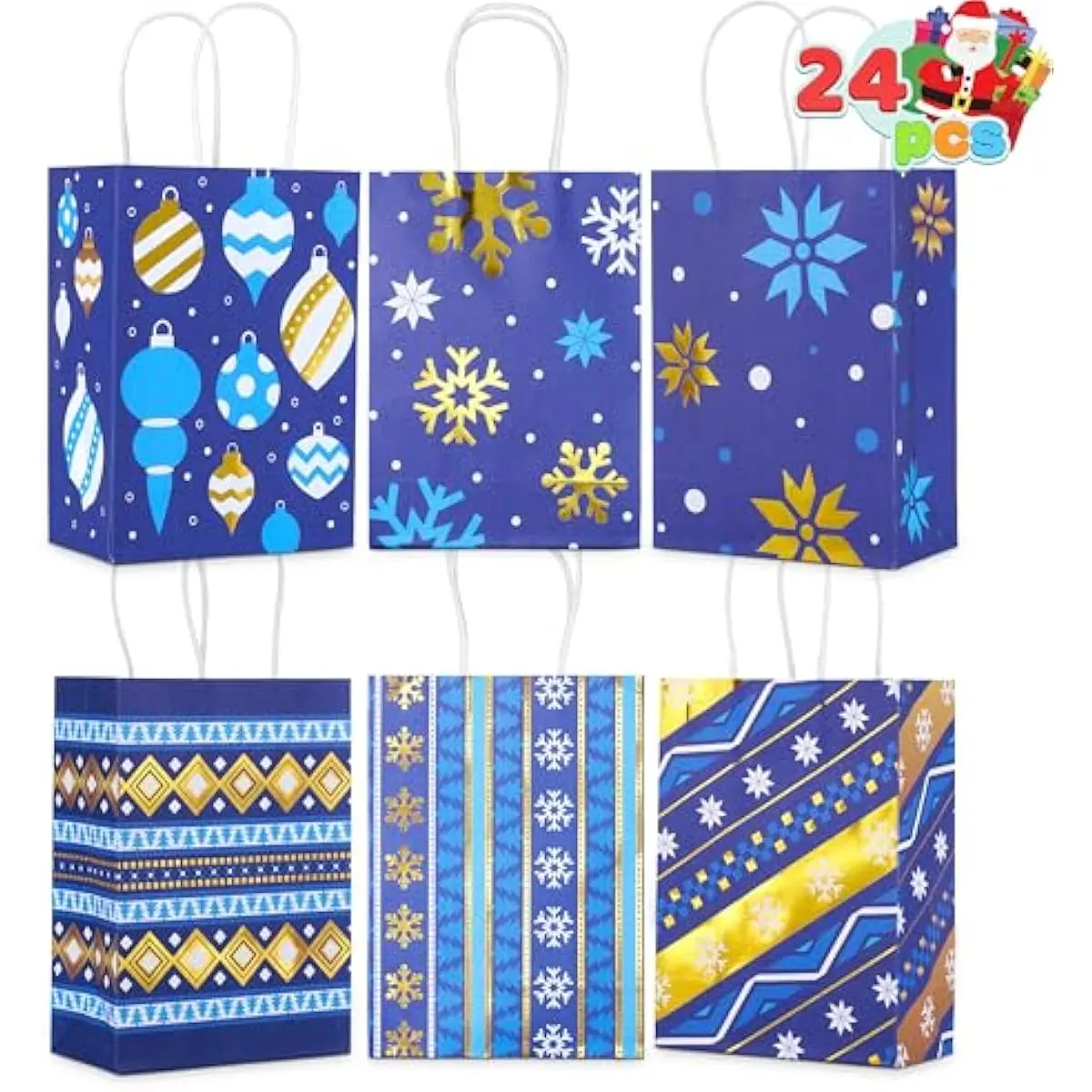 JOYIN 24 PCS Christmas Kraft Gift Bags Xmas Holiday Present Wrapping Paper Goody Bags with Handles for Classrooms and Wedding Decor, Party Favors and Decor Supplies (Blue, 8.27" x 5.91" x 3.15")