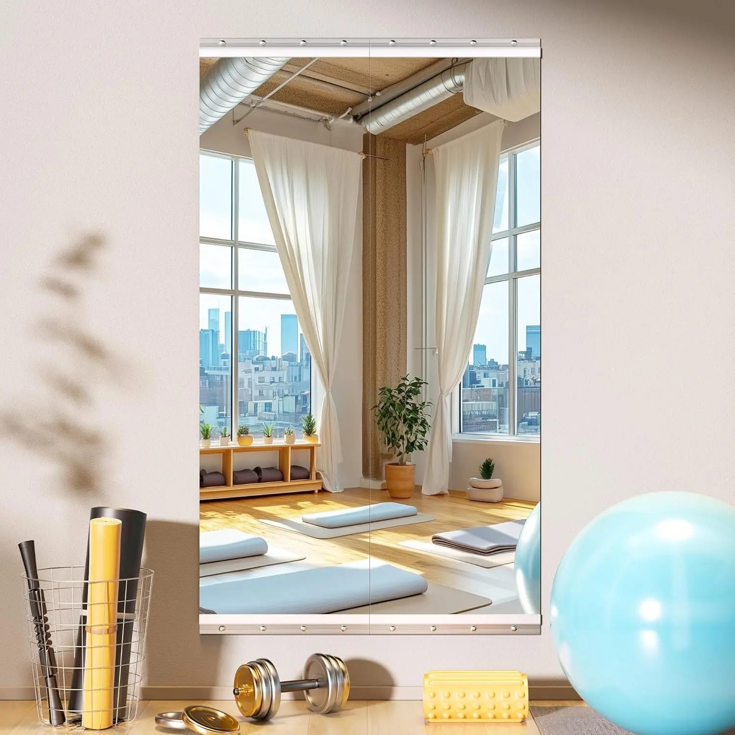 Frameless Tempered Glass Gym Mirrors, 2-Piece 55x17 in Durable Wall-Mounted Mirrors for Home Decor, Dance, Yoga, Fitness, Garage Use with Easy Installation, Two Pieces, Synthetic