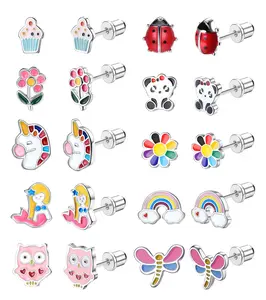 FASACCO 10Pairs Screw Back Earrings for Women Stainless Steel CZ Heart Butterfly Ball Stud Earrings Cat Rainbow Screwback Stud Earrings Charms Cute