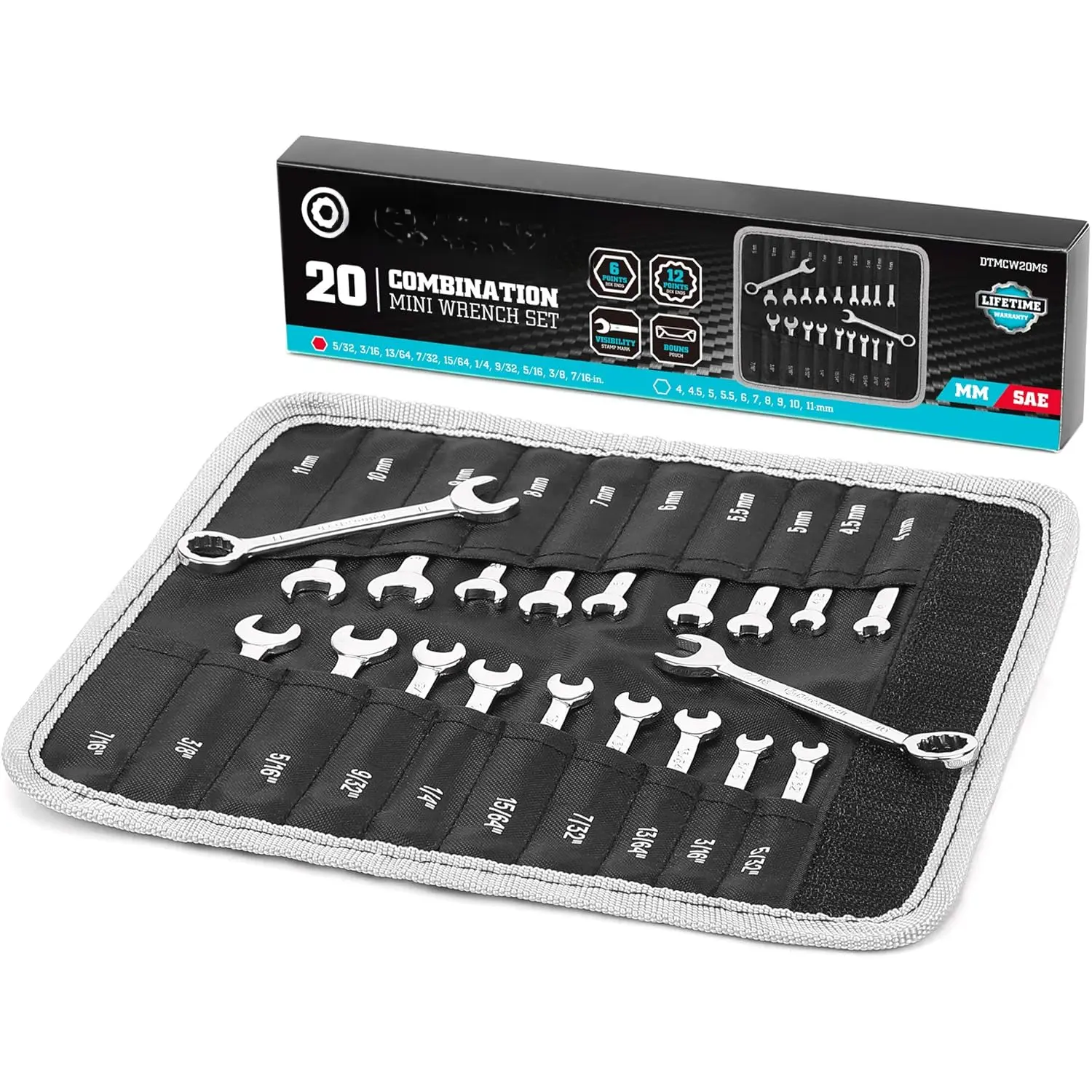 Mini Wrench Set, Midget Combination Wrench Set, 20-Piece, Metric & SAE, 4-11mm & 5/32" - 7/16", Lightweight, with Rolling Pouch