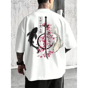 Viral Japanese aesthetic oversized loose-fit graphic T-shirt with koi and sakura prints, made from soft cotton; men’s streetwear/homewear, comfortable for everyday wear; fashionable Eastern aesthetic oversized top with a calligraphy design. GARMENTARY