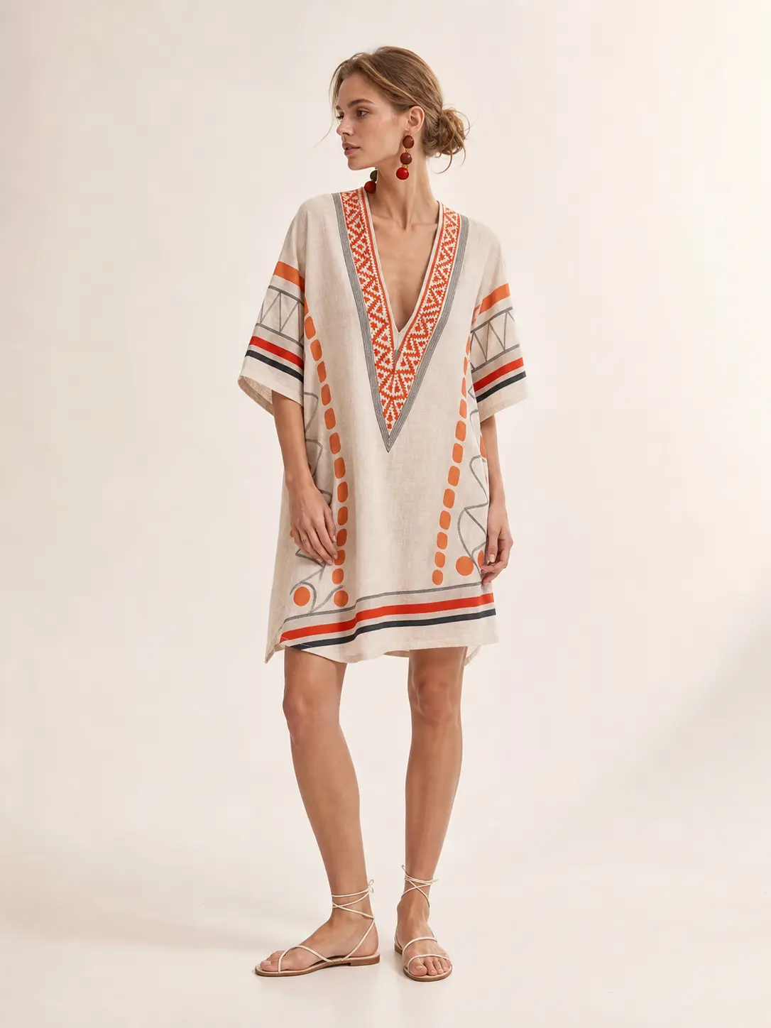 Women's Boho V Neck Kaftan Dress Geometric Print Loose Short Sleeve Summer Beach Vacation Midi Dress
