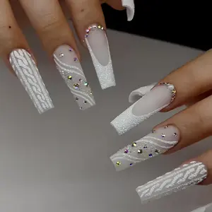 Long Square Fake Nail, 24pcs/set Glossy Rhinestone Decor Fake Nail with Nail File & Tape, Removable Nail Art Artificial Full Cover, Women Girls DIY Manicure, Nails Press Ons