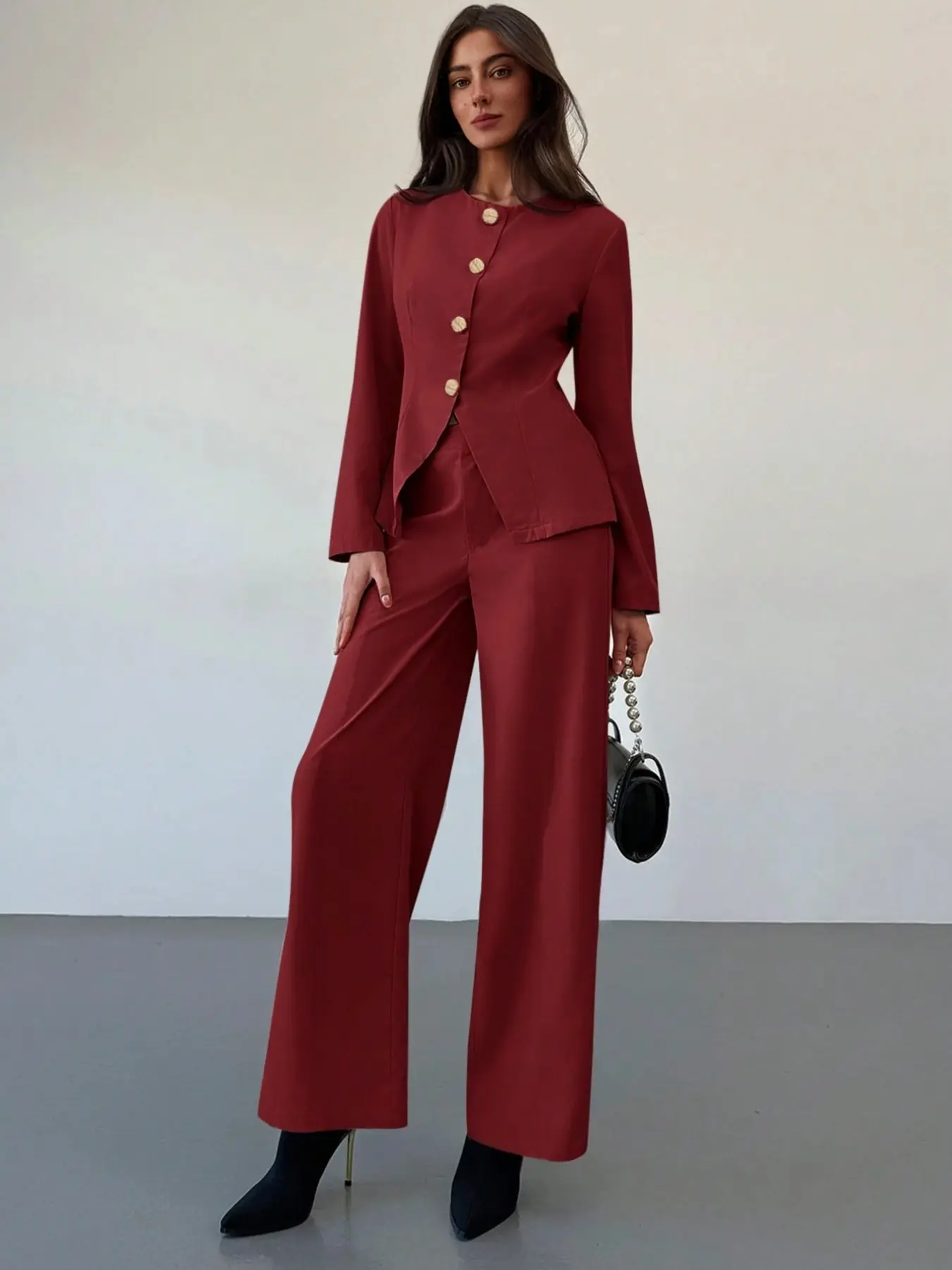 Women's Solid Color Top and Straight Leg Pants Set, Comfortable Urban Elegant Style Spring Summer, Versatile Fashion Piece Nk-0004-508031