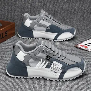Gray-Blue-White Retro Casual Sneakers: Multi-material panel + label details for style, serrated thick sole for daily walking, suitable for commute/outfit matching, blending retro style and comfortable foot feel