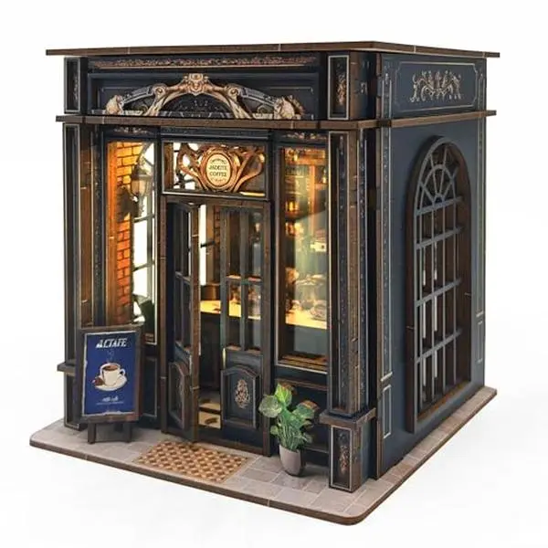 Book Nook Kit for Adults, DIY 3D Wooden Puzzle (174PCS) with LED Light, Medieval Coffee House Bookshelf Insert, Beginner-Friendly Decor, Gift for Book Lovers