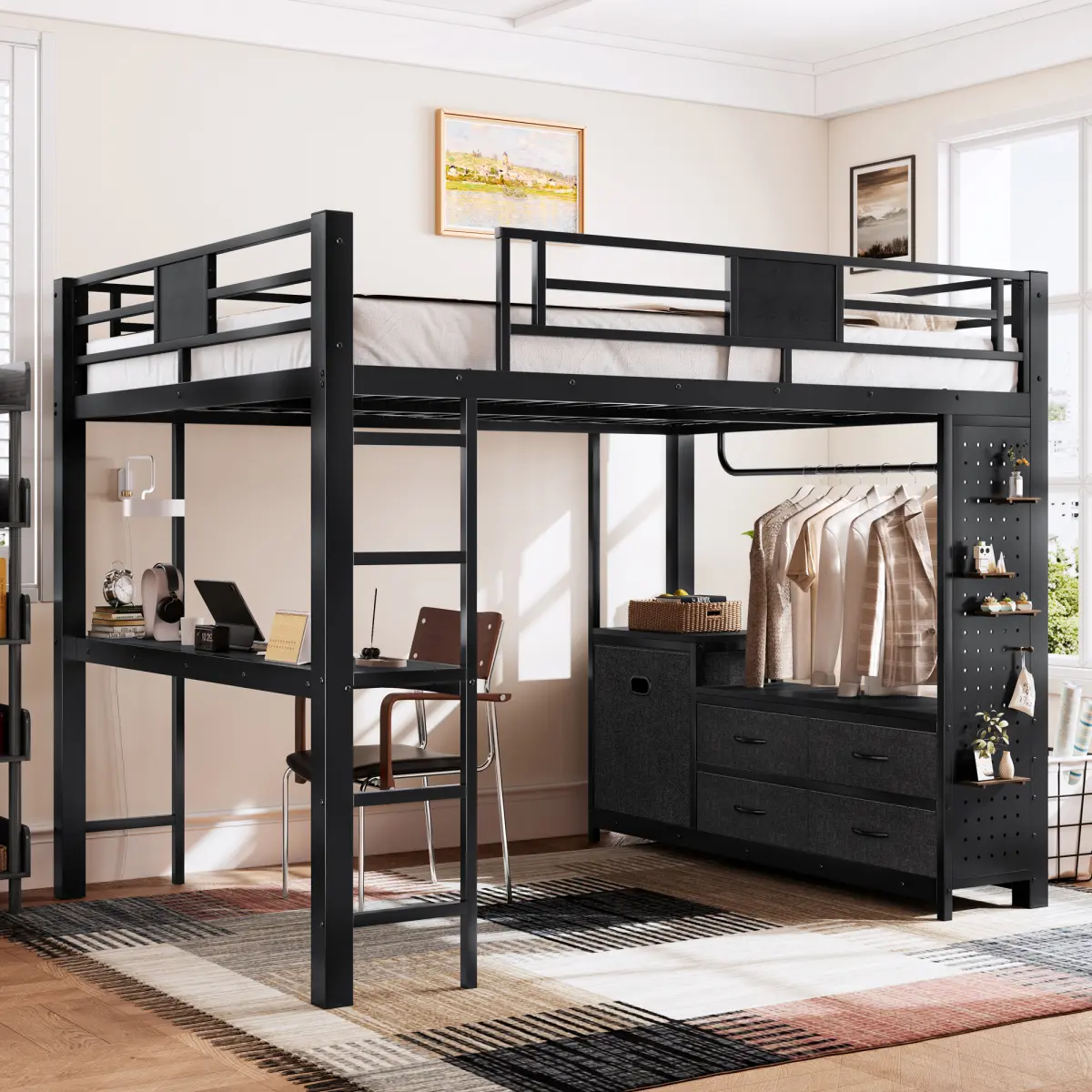 Queen Size Loft Bed with Desk & Shelves, Black Metal Loft Bed Frame with clothesline pole, Storage pegboard, laundry bag,Space-Saving Adult Loft for Dorms, Bedroom,Black