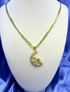 Moon and Hummingbird Pendant Necklace 14k Gold Plated