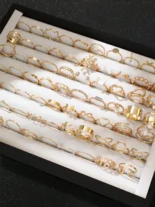 Elegant Butterfly Heart Flower Leaf Rhinestone Wave Geometric Twisted Chain Multi-Layer Wide Face Metal Ring Set, Stackable Rings, Fashion, Party Gift Jewelry