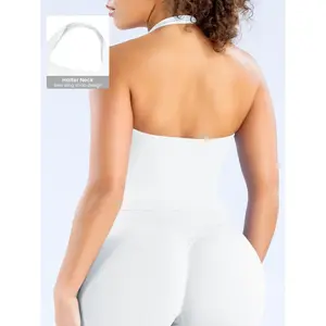 2Pcs Women's Yoga Halter Neck Tank Top with Removable Pads, Three-Layer Seamless Backless Tank Tops Casual Solid Color Soft All Seasons Wear Athletic Yoga Tops