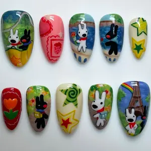 10 Pcs Hand-Painted Cute Bunny Almond Shape Nail Tips, Eiffel Tower & Rainbow Design, Party & Daily Wear, Durable & Shiny, Almond Nails