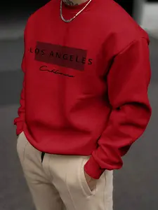 Men's Plus Size Graphic Letter Print Round Neck Long Sleeve Loose Casual Sweatshirt, Spring & Fall, Daily Wear, Travel, Party, Tops